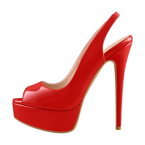 Meinabsatz Damen Peeptoe Sandaletten Stiletto High Heels Sandalen Plateau Sommerschuhe Lack Rot 37 EU von Meinabsatz