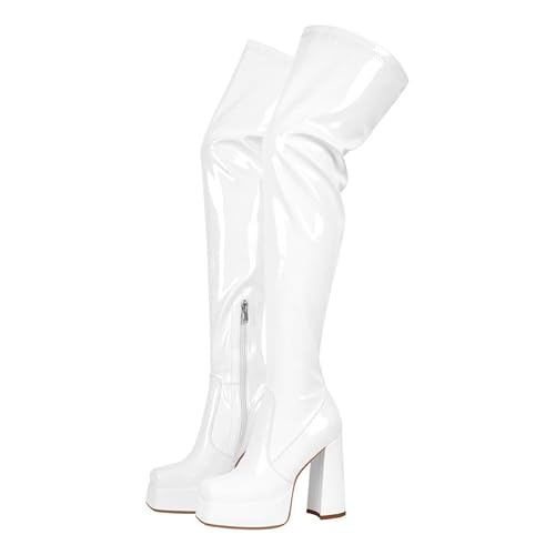 Meinabsatz Damen Plateau Overknee Stiefel Langschaft Stretch Boots Gogo High Heels mit Blockabsatz Reißverschluss Lackoptik Weiß 38 EU von Meinabsatz