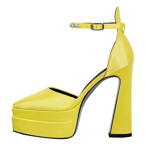 Meinabsatz Damen Plateau Pumps Extrem High Heels Sandalen mit Spitze Zehenkappe Blockabsatz Riemchenpumps mit Strasssteinen Gelb 40 EU von Meinabsatz
