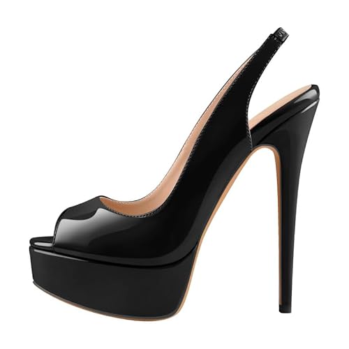 Meinabsatz Damen Plateau Sandaletten Peeptoe Slingback High Heels Abendschuhe Lack Sandalen Stiletto Schwarz 41 EU von Meinabsatz