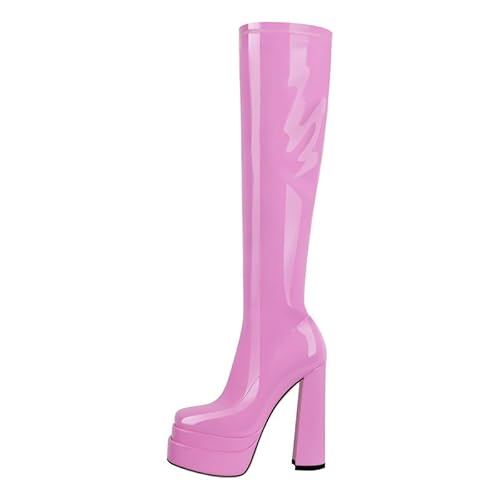 Meinabsatz Damen Plateau Stiefel Blockabsatz Knee High Stretch Boots Zipper Kniestiefel Chunky Heels mit Reißverschluss Lack Rosa 39 EU von Meinabsatz