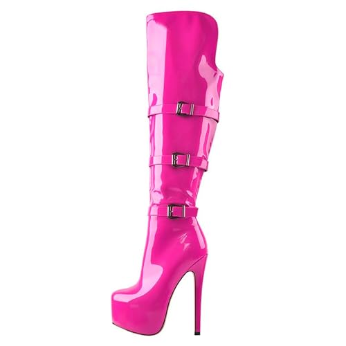 Meinabsatz Damen Plateau Stiefel High Heels Langschaft Overknee Boots Stilettos mit Punk Schnalle Lack Pink 46 EU von Meinabsatz