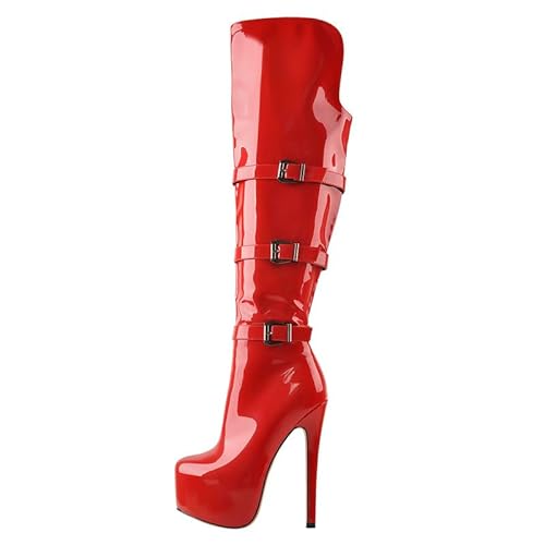 Meinabsatz Damen Plateau Stiefel Langschaft Boots Overknee Stilettos High Heels Überkniestiefel mit Schnallen Lack Rot 39 EU von Meinabsatz
