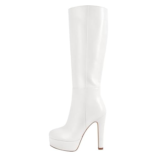 Meinabsatz Damen Plattform Stiefel Blockabsatz Kniehohe Plateaustiefel Langschaft Knee High Boots mit Reißverschluss Glattleder Weiß 40 EU von Meinabsatz
