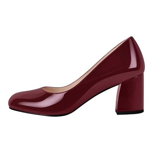 Meinabsatz Damen Pumps Blockabsatz Elegante Heels Damenschuhe Runde Geschlossene Zehen Schlupfschuhe Lack Burgundy 40 EU von Meinabsatz