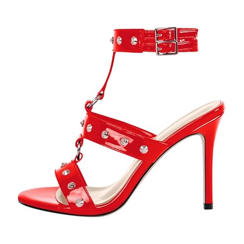 Meinabsatz Damen Punk-Spikes High Heels Schaftsandalen Sandaletten Riemchen mit Offener Runder Zehe Rot 41 EU von Meinabsatz