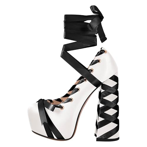 Meinabsatz Damen Riemchen Pumps Zweifarbig Mary Jane Halbschuhe Plateau Blockabsatz High Heels mit Lolita Schleife Weiß Schwarz 40 EU von Meinabsatz