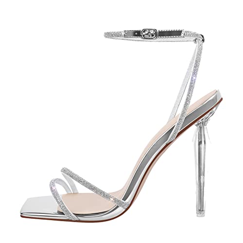 Meinabsatz Damen Stiletto Sandaletten Riemchen Sandalen Slingback High Heels Eckige Zehen Sommerschuhe Glitzer Strass Silber 46 EU von Meinabsatz