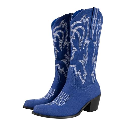 Meinabsatz Damen Western Boots Cowboystiefel Mid-Calf Stiefel Bestickt Snip Toe Blockabsatz Jeansoptik Dunkelblau 41 EU von Meinabsatz