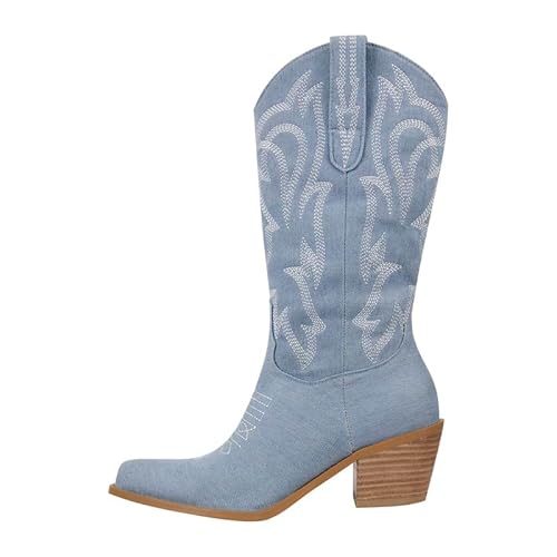 Meinabsatz Damen Western Boots Cowboystiefel Mid-Calf Stiefel Bestickt Snip Toe Blockabsatz Jeansoptik Hellblau 41 EU von Meinabsatz