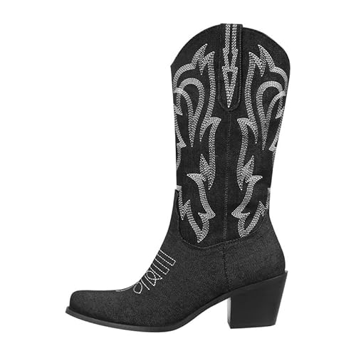 Meinabsatz Damen Western Boots Cowboystiefel Mid-Calf Stiefel Bestickt Snip Toe Blockabsatz Jeansoptik Schwarz 41 EU von Meinabsatz