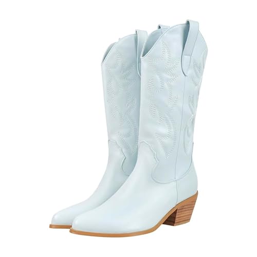 Meinabsatz Damen Western Boots Cowboystiefel Mid-Calf Stiefel mit Snip Toe Blockabsatz Stickerei Hellblau 40 EU von Meinabsatz