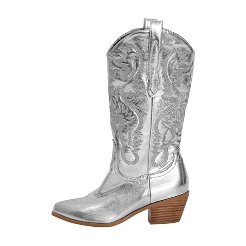 Meinabsatz Damen Western Cowboystiefel Bestickte Stiefel Metallisch Glänzende PU Leder Snip Toe Blockabsatz Silber 37 EU von Meinabsatz