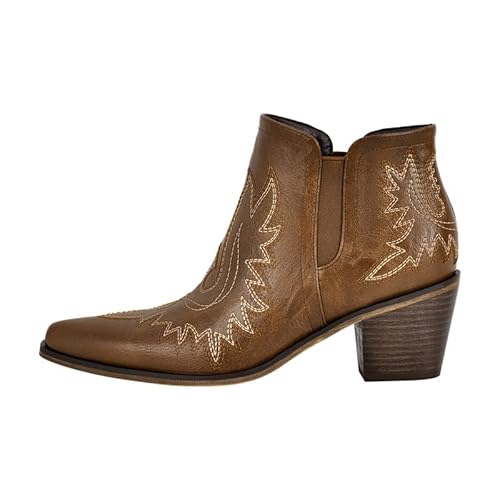 Meinabsatz Damen Western Stiefel Chelsea Boots Blockabsatz Snip Toe mit Stickerei Naturtextur Elastikeinsatz Braun 38 EU von Meinabsatz