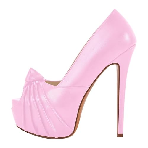 Meinabsatz Peeptoe High Heels Damen Plateau Pumps Pfennigabsatz mit Knoten Schlupfschuhe Glanz Rosa 45 EU von Meinabsatz