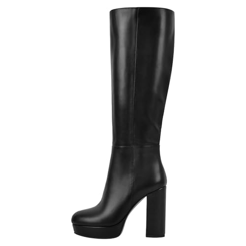 Meinabsatz Plateau Stiefel Klassisch Weitschaft Kniehoch Langschaftstiefel Knee High Boots mit Blockabsatz Glattleder Schwarz 41 EU von Meinabsatz