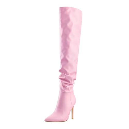 Meinabsatz Schlupfstiefel für Damen Spitze Stiefel Stiletto Overknees Zipper Long Slouchy Boots Lederoptik Rosa 38 EU von Meinabsatz