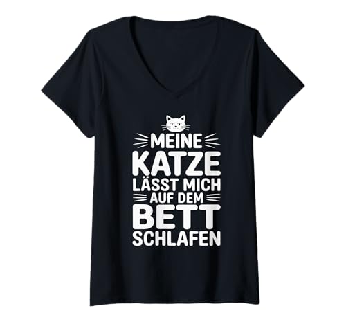 Damen Katzenliebhaber Katzenbesitzer Katze, Lustiger Katzen Spruch T-Shirt mit V-Ausschnitt Damen Katzenliebhaber Katzenbesitzer Katze, Lustiger Katzen Spruch T-Shirt mit V-Ausschnitt von Meine Katze lässt mich auf dem Bett schlafen