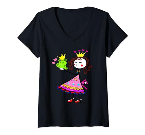Damen Süße, küssende Prinzessin mit Frosch und Krone - Geschenk T-Shirt mit V-Ausschnitt von Meine kleine Prinzessin - Shirts für Jung & Alt