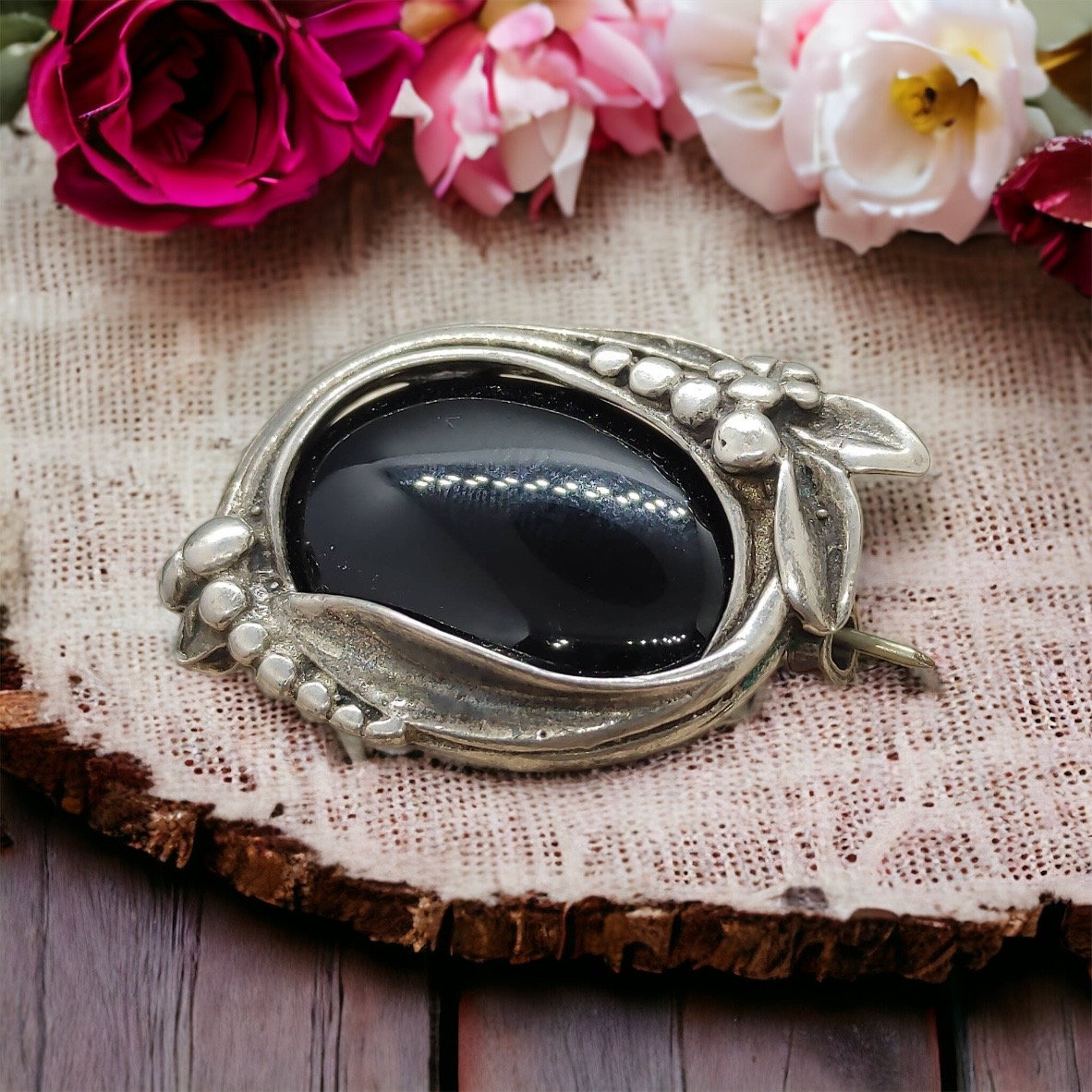 Onyx Brosche 925Er Silber 37 X 24mm Vintage Accessoires Oma Geschenk Silberbrosche von MeineSchmuckliebe