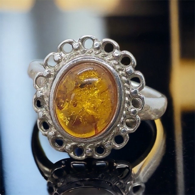 Ring 17, 8 Mm Gr. 56 Vintage 925Er Silber Damenring Silberring Jugendstil Bernstein Farbend Design Geschenk Damen von MeineSchmuckliebe