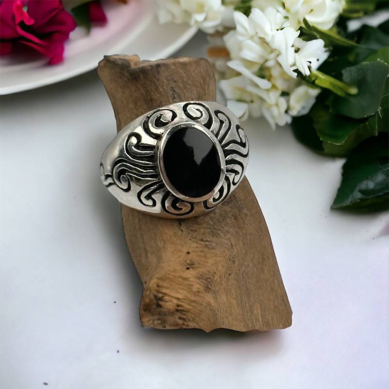 Vintage Ring 18, 8 Mm Gr. 59 Damenring Silber 925Er Mit Onyx Retro Silberring Damen Muster von MeineSchmuckliebe