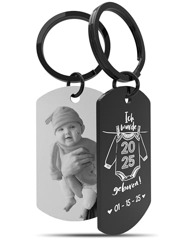 Meinearmbänder „Baby“ Personalisierter Schlüsselanhänger mit Foto & Gravur | Individueller Schlüsselring mit Schwarz/Weiß Bild | Ideales Erinnerungsstück für frischgebackene Eltern von Meinearmbänder