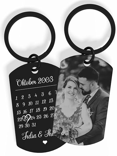 Meinearmbänder Schlüsselanhänger personalisiert aus Edelstahl mit Schwarz/Weiß Bild und Datum - Valentinstag-Geschenk für ihn & sie - Partner Geschenke - Personalisierte Geschenke von Meinearmbänder