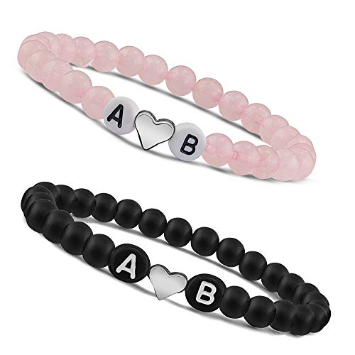 Pärchen Armband Mit Buchstaben Aus Perlen & Herz in Silber | Ideal für Paare oder Als Freundschaftsarmband | Couple Armband (2 Armbänder) von Meinearmbänder