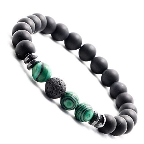 Tiefschwarzes Onyx-Perlen Armband für Herren | Männer Perlen Armband mit Lavastein | Perlen-Armband mit Naturstein (Dunkel-Braun) (Onyx Grün-Schwarz(Small 17-18cm)) von Meinearmbänder