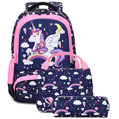 Meisohua Einhorn-Rucksack Schulrucksack Mädchen Schulrucksack Leichte Reiserucksack für Teenager Schöner 3 Teiliges Set (Navy Blau) von Meisohua