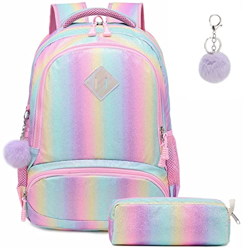 Mädchen Regenbogen Glitzer Rucksack - niedliche Kinderrucksack leichte Reiserucksack schöne lässige Daypack Geschenk für Mädchen (Regenbogen) von Meisohua