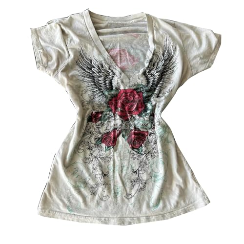 Damen Y2k Graphic Baggy T-Shirts Shirts 2000er Gothic Grunge Emo Tops Fairycore Kleidung, Goth White, Mittel von Meiweileya