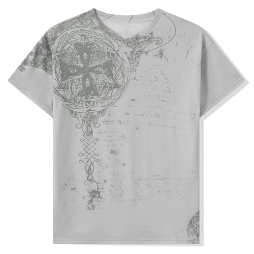 Damen Y2k Graphic Baggy T-Shirts Shirts 2000er Gothic Grunge Emo Tops Fairycore Kleidung, Hellgrau, Mittel von Meiweileya