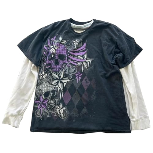 Damen Y2k Graphic Baggy T-Shirts Shirts 2000er Gothic Grunge Emo Tops Fairycore Kleidung, grau dunkel, Klein von Meiweileya