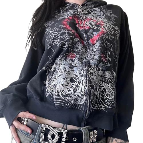 Meiweileya Damen Y2k Grunge Skull Graphic Zip Up Hoodies Emo Goth Skelett Jacke Langarm, A-Schwarz, XL von Meiweileya