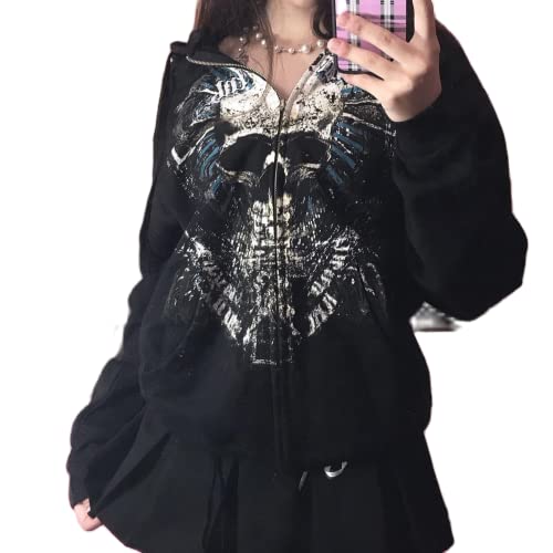 Meiweileya Damen Y2k Grunge Skull Graphic Zip Up Hoodies Emo Goth Skelett Jacke Langarm, Earth Black, M von Meiweileya