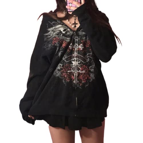 Meiweileya Damen Y2k Grunge Skull Graphic Zip Up Hoodies Emo Goth Skelett Jacke Langarm, carbon schwarz, M von Meiweileya