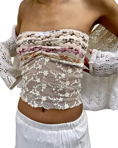 Y2k Fashion Tube Tops für Frauen Floral Spitze trägerlos durchscheinendes Mesh Crop Top Sexy Camisole Boho Bandeau Streetwear, Beige, bunt, Klein von Meiweileya