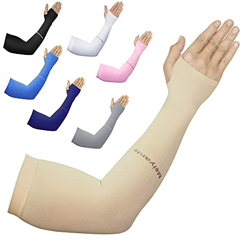 Kompressions-Armmanschette für Damen und Herren – UV-Sonnenschutz, kühlende Armstulpen Frauen mit Daumenlöchern Tattoo-Abdeckung, Radfahren, Golf, Spielen, Angeln, Gartenarbeit, 1 Paar beige Ärmel von Meiyante