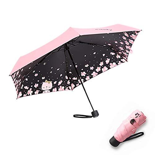 Meiyijia Voy Regenschirm kompakt und faltbar, UV-Schutz, tragbar, Mini Lady Regenschirm – manueller Schalter – Rosa – Motiv Katze – 90 cm, 90 cm von Meiyijia