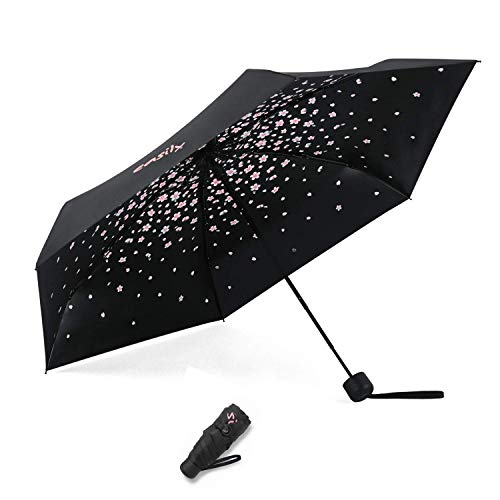 Meiyijia Voy Regenschirm kompakt und faltbar, UV-Schutz, tragbar, Mini Lady Regenschirm – manueller Schalter – Schwarz – Kirschblüte Motiv – 90 cm, 90 cm von Meiyijia