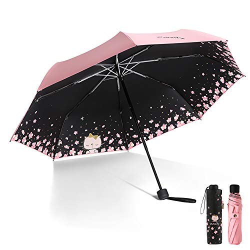 Meiyijia Voy Regenschirm kompakt und faltbar, UV-Schutz, tragbar, Lady Regenschirm – Rosa – Modell Katze – aufgeklappt 96 cm, 96cm von Meiyijia