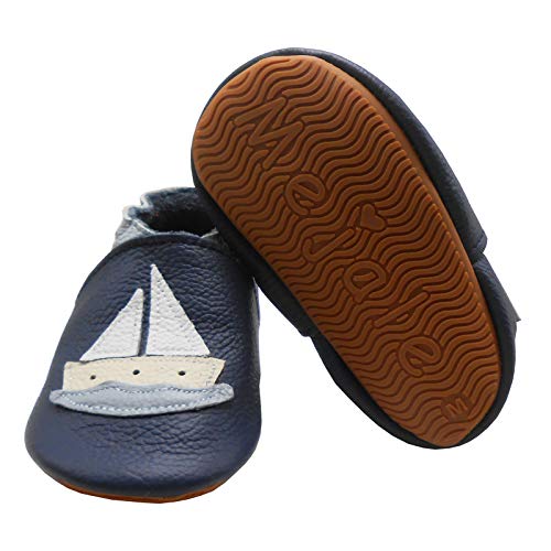 Mejale Baby Jungen Mädchen Schuhe Gummi und weiche Sohle Kleinkind Kleinkind Krabbelschuhe aus Leder Walking rutschfest Neugeborene Mini Kinder, Dunkelblau Segelboot, 6-12 mois von Mejale