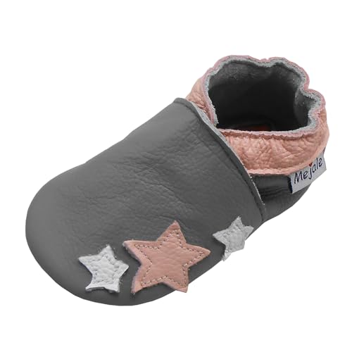 Mejale Baby Krabbelschuhe Jungen Mädchen Weiche Leder Kleinkind Babyhausschuhe Rutschfesten Gummisohlen(Hellgraue Rosa Sterne,12-18 Monat,L) von Mejale