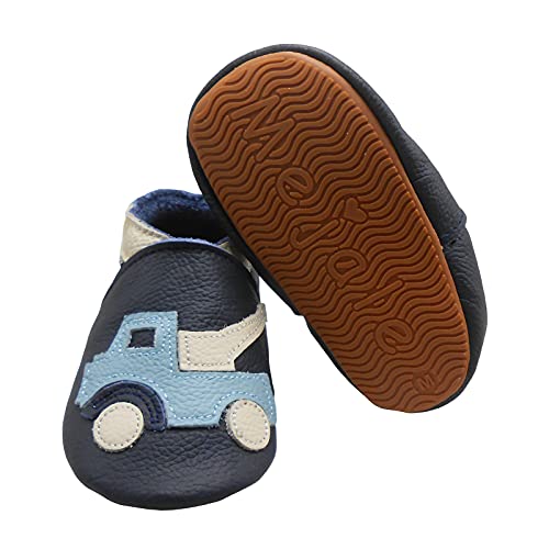 Mejale Baby Krabbelschuhe-Lauflernschuhe Jungen Mädchen Weicher Leder Kleinkind Säugling Hausschuhe Rutschfesten Gummisohlen (Marineblaues Auto, 6-12 Monate, M) von Mejale