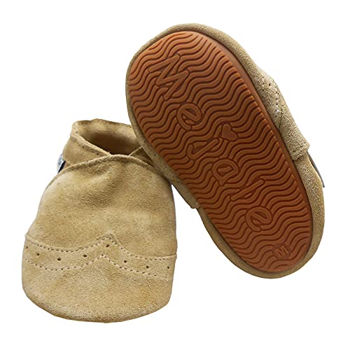 Mejale Baby Krabbelschuhe Leder Lauflernschuhe Jungen Mädchen Babyschuhe Weicher Leder Kleinkind Hausschuhe mit Rutschfesten Gummisohlen(Khaki, 6-12 Monate, M) von Mejale