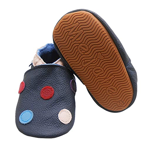 Mejale Baby Lauflernschuhe Jungen Mädchen Weicher Leder Krabbelschuhe Kleinkind Babyhausschuhe Rutschfesten Gummisohlen(Punkt dunkelblau, 6-12 Monate, M) von Mejale