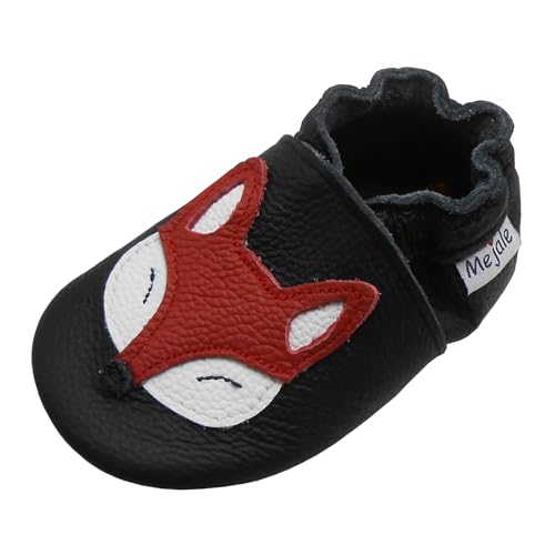 Mejale Baby Lauflernschuhe Weiche Leder Krabbelschuhe Babyschuhe Jungen Mädchen Kleinkind Babyhausschuhe Rutschfesten Gummisohlen(Schwarzer Fuchs,18-24 Monat,XL) von Mejale