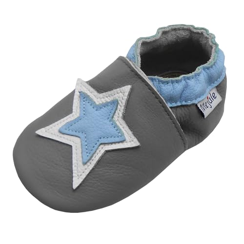 Mejale Baby Weiche Leder Krabbelschuhe Jungen Mädchen Kleinkind Babyhausschuhe Rutschfesten Gummisohlen(Grauer fünfzackiger Stern,18-24 Monat,XL) von Mejale